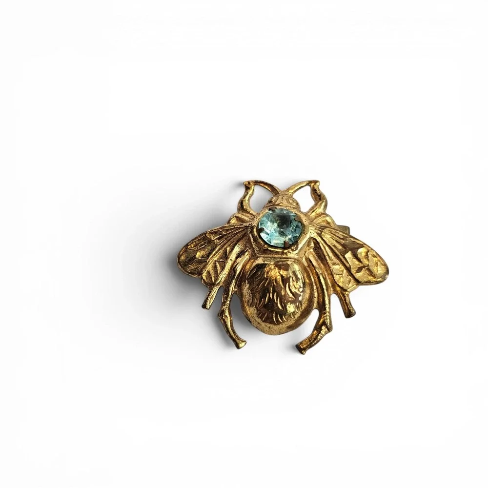 Vintage Midcentury Gold Tone Bumble Bee Brooch Blue Rhinestone Insect Pin Small